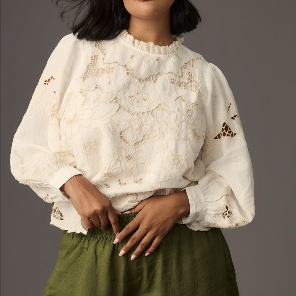 Anthropologie The Lainie Long-Sleeve Lace Cutwork Blouse